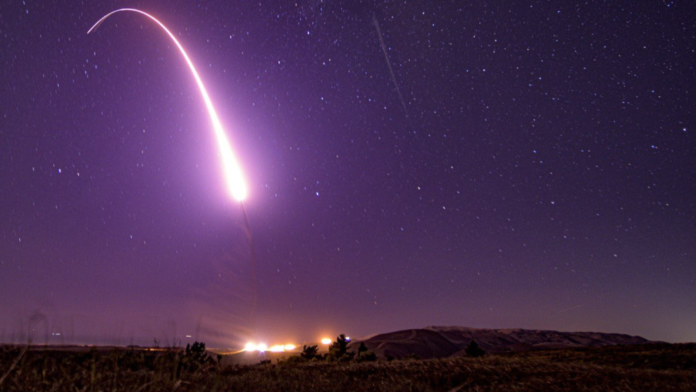 This image taken with a slow shutter speed on Oct. 2, 2019 shows an unarmed Minuteman 3 intercontinental ballistic missile test launch at Vandenberg Air Force Base, Calif. (Staff Sgt. J.T. Armstrong/U.S. Air Force via AP)