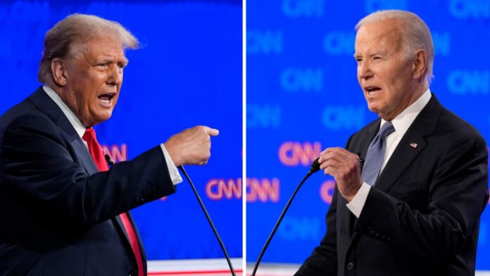 This combination of photos shows Republican presidential candidate former President Donald Trump, left, and President Joe Biden during a presidential debate hosted by CNN, Thursday, June 27, 2024, in Atlanta. (AP Photo/Gerald Herbert)