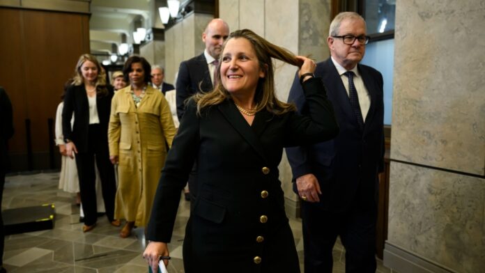 Deputy Prime Minister and Minister of Finance Chrystia Freeland reacts to a reporter's question on her support for the NHL's Edmonton Oilers, as they compete in the Stanley Cup Finals, after her news conference on the capital gains tax inclusion on Parliament Hill in Ottawa, June 10, 2024. THE CANADIAN PRESS/Justin Tang